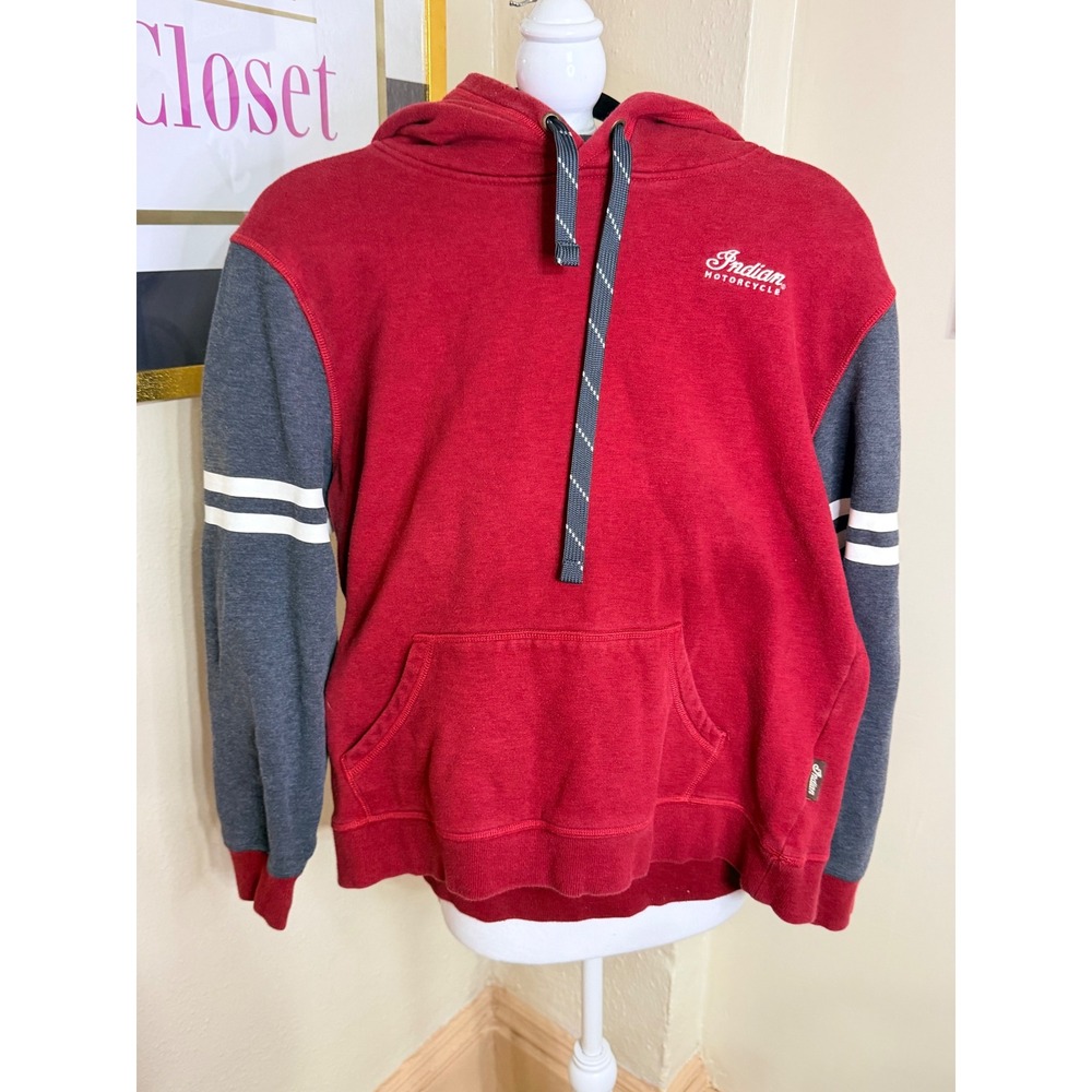 Indian Motorcycle 1901 Red Grey Colorblock Pullover Hoodie Sweatshirt Mens L